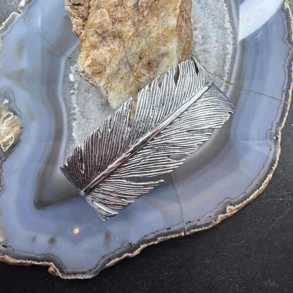 Sterling Silver Southwestern Style Wide Feather Decorated Bracelet For Women - Picture 2 of 10